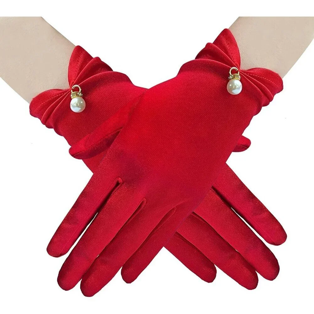 Women's Dark Red Floral Lace Gloves Elegant Wrist Bridal Wedding Dinner Party